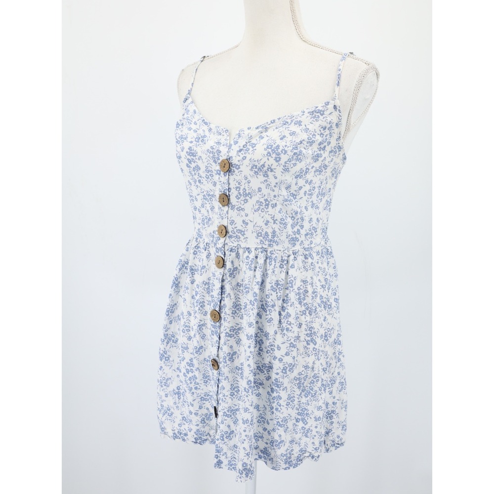Ocean Drive Floral Rayon Mini Dress Blue White Smocked‎ Sundress Size M Boho